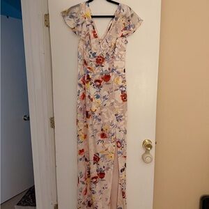 Parker Beige Floral V‑Neck Flutter Sleeve Maxi Dress
